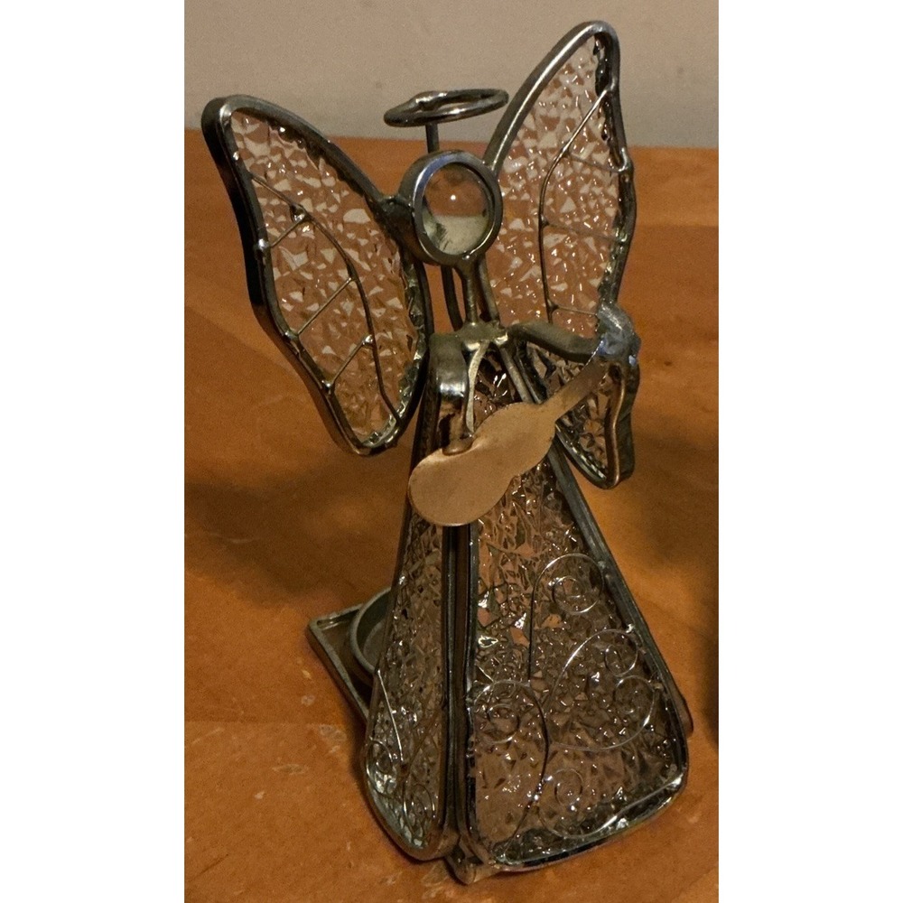 Set Of 3 Textured‎ Glass Angel Figurine Tealight Holder Holding Instruments - Picture 2 of 14